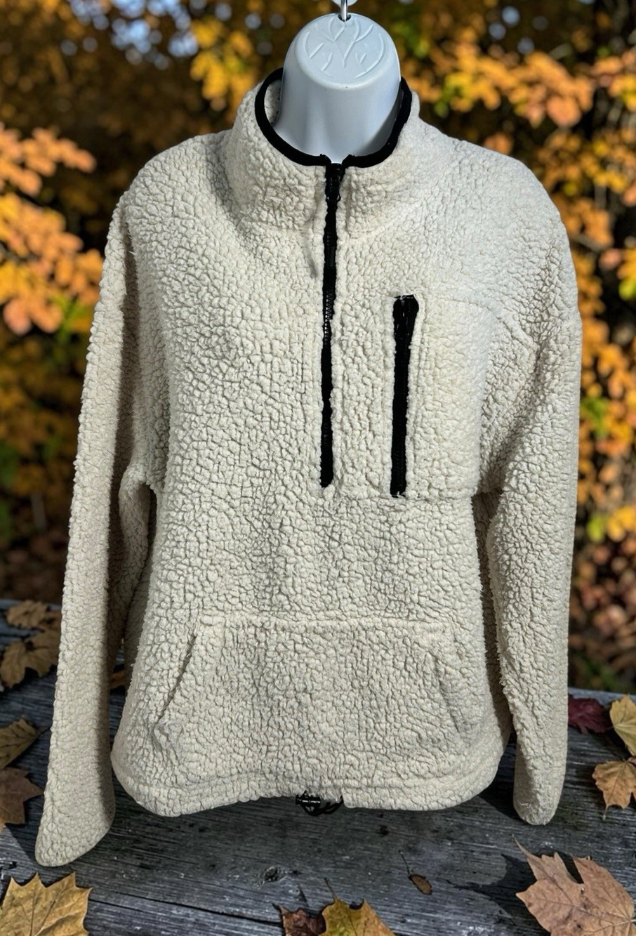 Sherpa Pullover Sweater Top Sz 3X White Black Zipper Cozy Sweatshirt